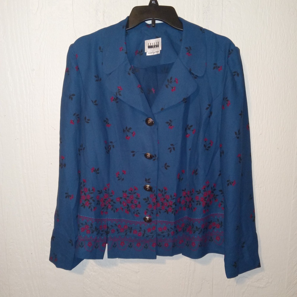 Leslie Fay Floral Blazer Women Size 16 Blue Red Button Front Vintage 90s Jacket